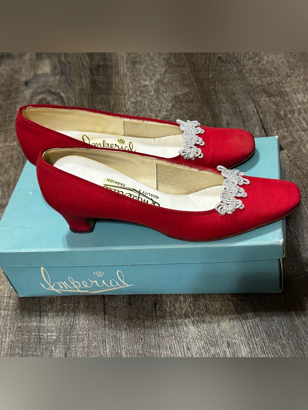 Vintage Imperial Red Satin Heels Rhinestone Embellishment Original Box 7 AAA